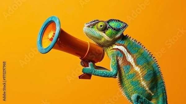 Obraz Creative Announcement Concept: Vibrant Chameleon Shouting into a Megaphone Against a Solid Orange Background, Featuring a Playful Mix of Wildlife