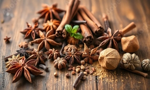 Fototapeta various whole spices including star anise, cinnamon sticks, cloves, and nutmeg arranged artistically on a rustic wooden table with soft lighting to enhance the textures.
