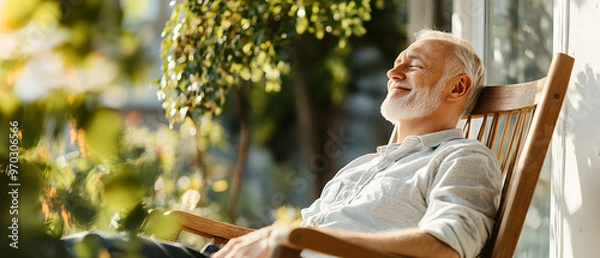 Obraz Senior man relaxing in a rocking chair on a porch