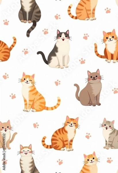 Fototapeta Cute Cat Seamless Pattern: Digital Illustration for Decor