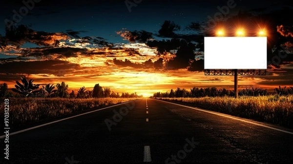 Fototapeta A tranquil sunset scene featuring a long road and an empty billboard, ideal for advertisements and projects needing a serene backdrop.
