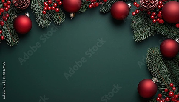 Fototapeta Christmas backdrop with festive decorations featuring a red and green theme, creating a classic holiday atmosphere
