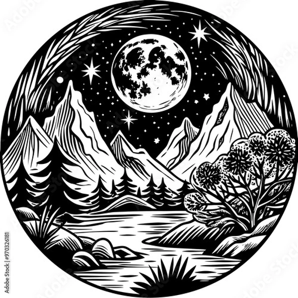 Obraz a black and white drawing of a mountain landscape with a moon and trees