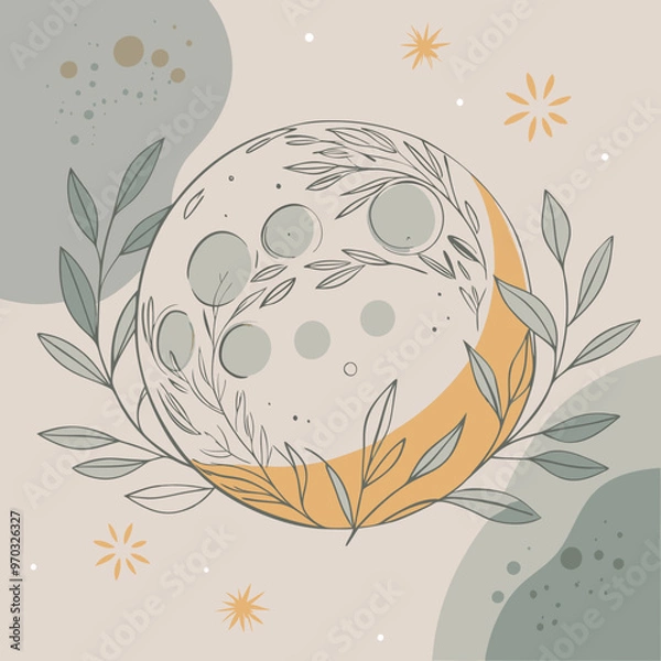 Obraz a round moon with a wreath of leaves and flowers