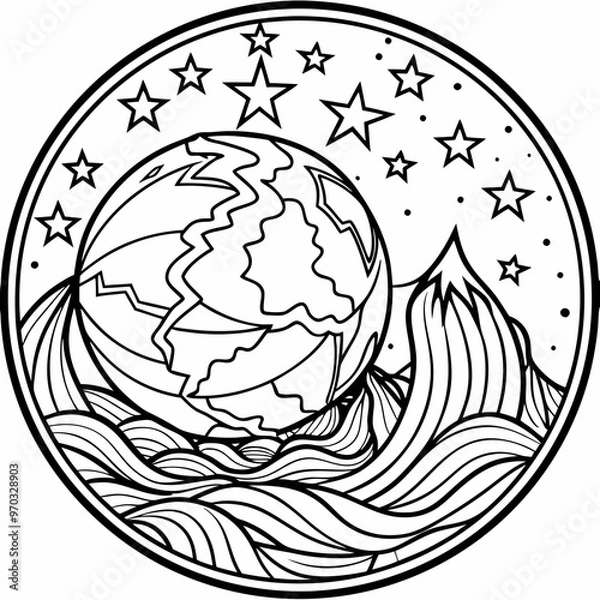 Obraz a black and white drawing of a planet with a mountain in the background