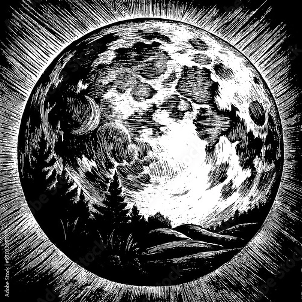 Fototapeta a black and white image of a planet with trees and clouds.