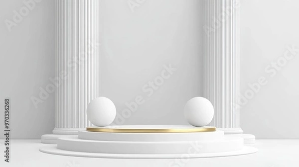 Fototapeta White podium resembling a classic column for showcasing products featuring a golden platform and spheres in a minimalist setting 2d illustration