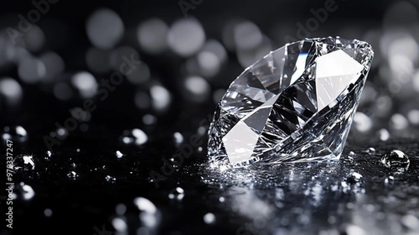 Obraz Diamond reflection on black background ,Dazzling brilliance close-up of a diamond generative ai.