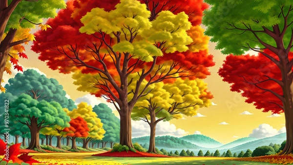 Fototapeta 紅葉の森と公園、白い雲と青い空