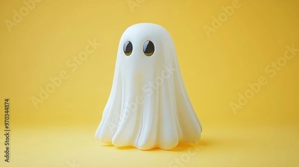 Fototapeta Cute Ghost on Yellow Background   Halloween Decoration 3D Rendering