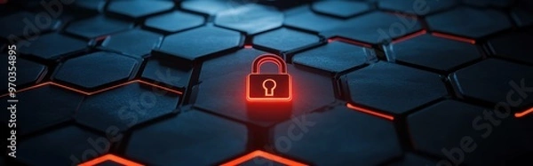 Obraz Cybersecurity: Digital Lock Icon on a Hexagon Pattern