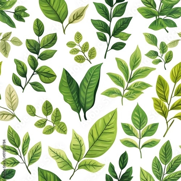 Fototapeta Seamless Pattern of Assorted Fresh and Vibrant Leaves on White Background