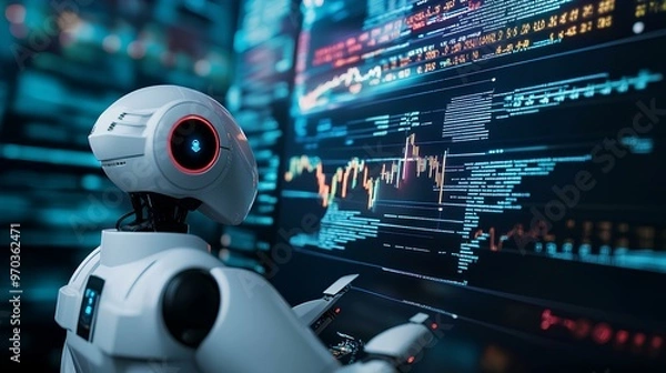 Obraz A robotic process automation system analyzing stock charts and executing buy/sell orders