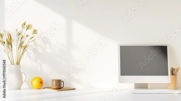 Fototapeta Minimalist White Desk Workspace with Computer  Dried Flowers  and Orange