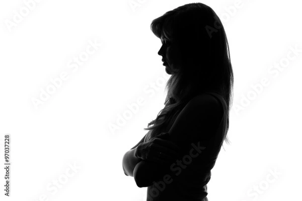 Obraz sylwetka zamyślonej kobiety na białym tle