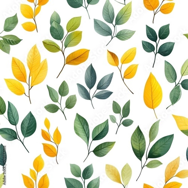 Fototapeta Elegant natural leaves pattern with vibrant colors on white background long title Elegant seamless pattern featuring a variety of fresh