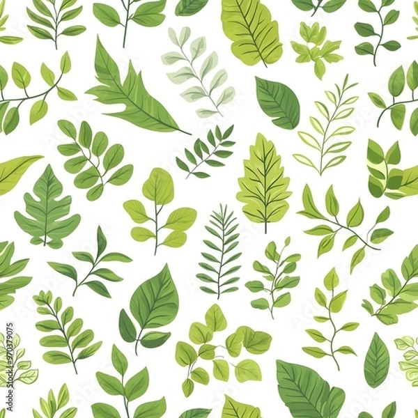Fototapeta Seamless Pattern with Assorted Natural Green Leaves on White Background