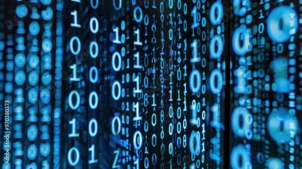 Fototapeta A digital representation of binary code with glowing numbers, symbolizing data and technology.