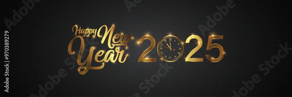 Fototapeta Happy new 2025 year Elegant gold text with fireworks, clock and light. Minimalistic text template.