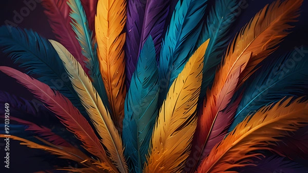 Fototapeta Abstract composition of vibrant, colorful feathers arranged in a circular motion