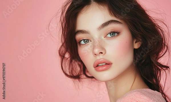 Obraz Portrait of a young woman with freckles and a pink sweater looking at the camera