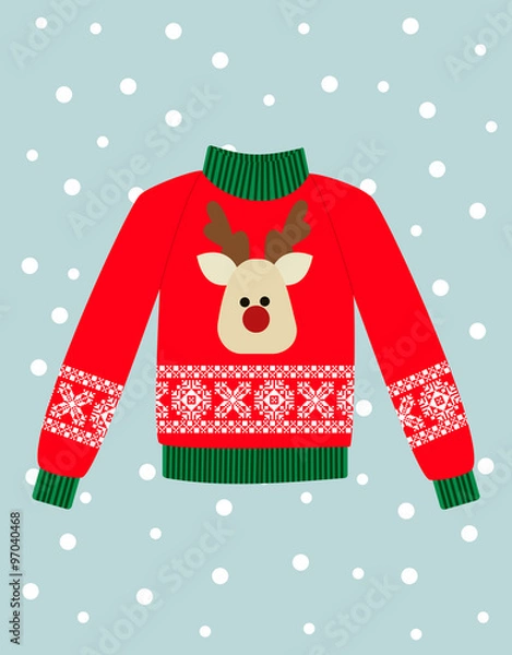 Obraz ilustracja czerwony sweter Boże Narodzenie z jelenia.