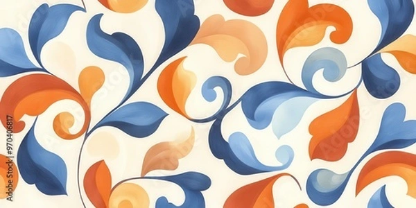 Fototapeta A vibrant floral pattern featuring swirling leaves in blue, orange, and cream hues perfect for decorative designs.