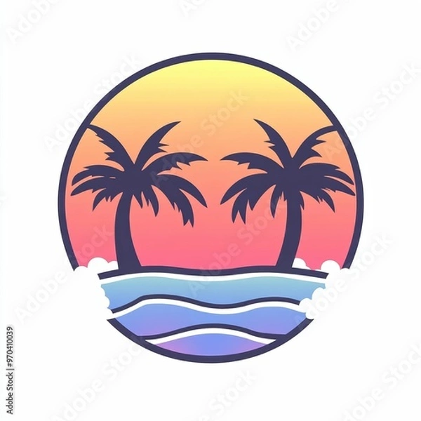 Fototapeta A tranquil sunset casts colorful hues over gentle ocean waves, while palm trees stand gracefully along the shoreline, creating a peaceful atmosphere