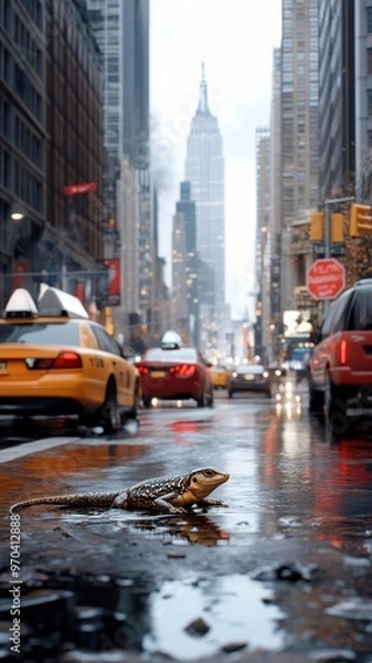 Fototapeta Whimsical image of a lizard navigating through a bustling city street, with skyscrapers and traffic contrasting its calm and agile presence.