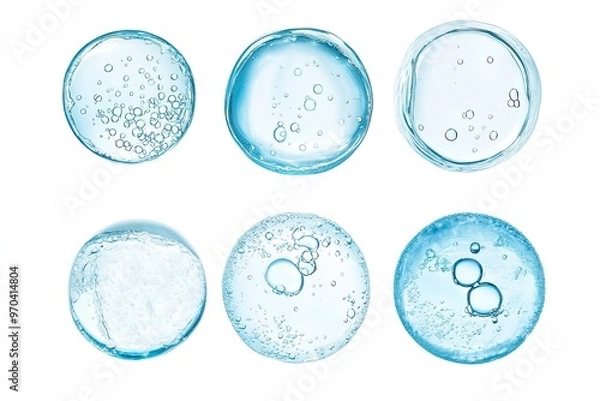Obraz Water serum drop texture. Liquid gel with bubbles circle set . Clear toner, cosmetic product swatch isolated on white background , ai