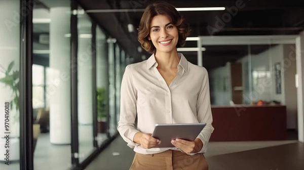 Fototapeta A confident businesswoman stands in an office, holding her tablet and smiling at the camera in professional-style attire.