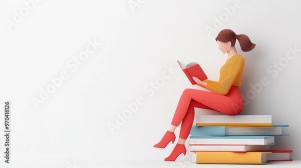 Fototapeta Illustration of a woman paper figure reading, concept of digital learning through an online library, no logo, white background, isolated.