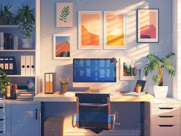 Fototapeta Home office with smart assistant, ergonomic desk, and organized layout