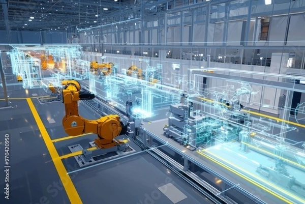 Fototapeta A digital twin of an automotive assembly line with virtual representations of robots and production stages. The display, Generative AI