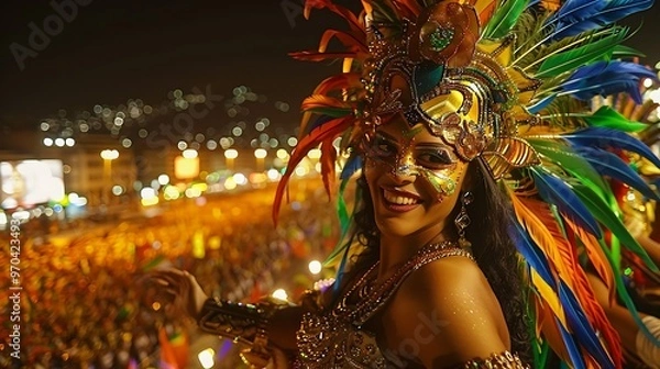 Fototapeta The vibrant Carnival celebration in Rio de Janeiro, Brazil, fills the streets with dazzling costumes, lively samba music, and electrifying dance. The entire city comes alive with color and energy, 