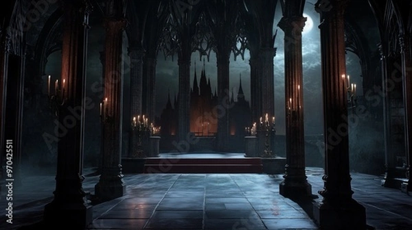 Fototapeta A vampire-themed podium with towering gothic columns, a dark red carpet, and bats swirling around a haunted castle