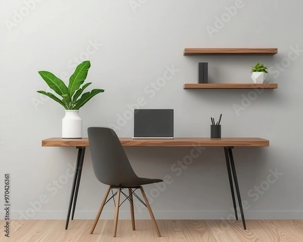 Fototapeta A modern office space with a solid walnut desk, minimalist shelving, and sleek black accents, 3D rendering, Functional and stylish