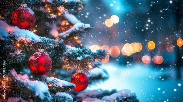 Fototapeta Decorated Christmas tree with ornaments and glowing lights on a snowy street, with festive blur bokeh in the background. Snow is gently falling at twilight.