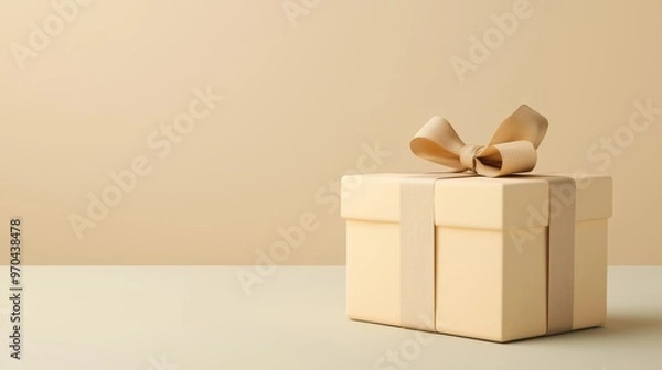 Fototapeta Gift box wrapped in brown paper with ribbon on beige background