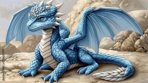 Fototapeta A detailed illustration of a blue dragon with wings, sitting on rocky terrain, showcasing fantasy art style.