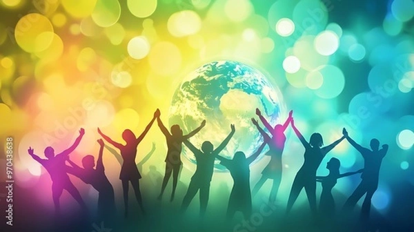 Fototapeta Silhouettes of People Raising Hands in Front of a Globe with a Bokeh Background