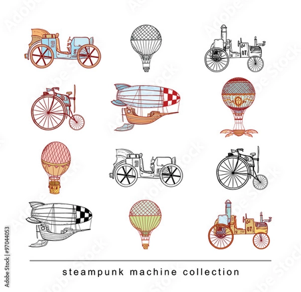 Obraz Steampunk machines collection, hand drawn vector illustration.