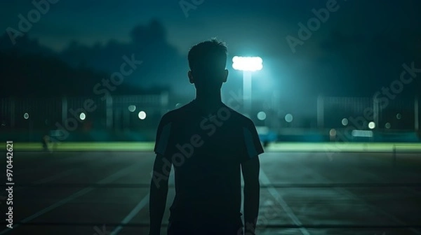 Fototapeta A silhouette of a person walking in the rain through a city, blending with the shadows, light, and reflections, conveying a concept of business, success, and solitude at night