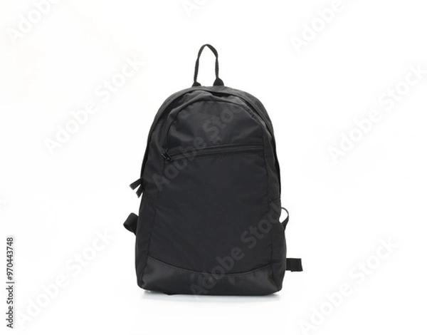Fototapeta Black backpack isolated on white background, Front view of white textile backpack, Stylish black school backpack, User friendly backpack.
