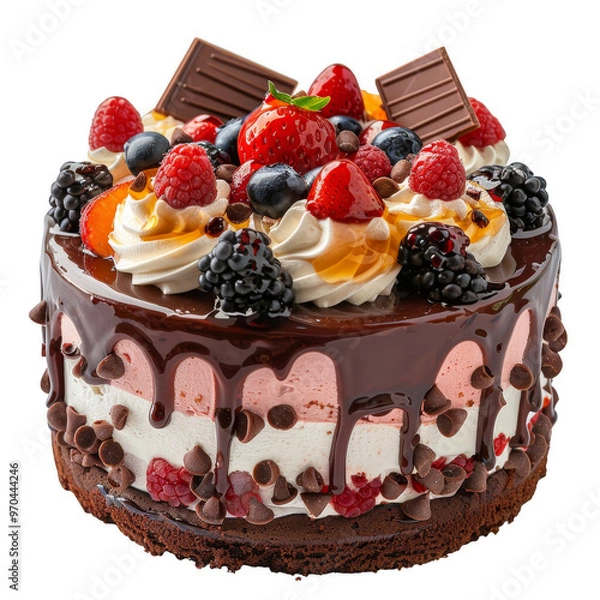 Obraz Indulge in this decadent chocolate cake topped with fresh berries, chocolates, and creamy frosting, perfect for any celebration.