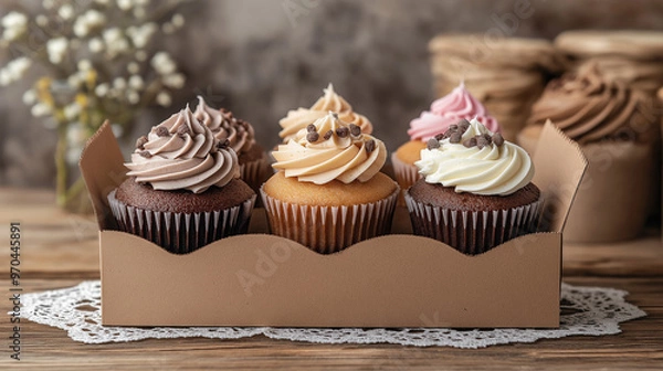 Obraz  Cupcake Box. The package display an assortment of delicious cupcakes in various flavors. In the background is a wooden table topped with a lace doily.in vintage style