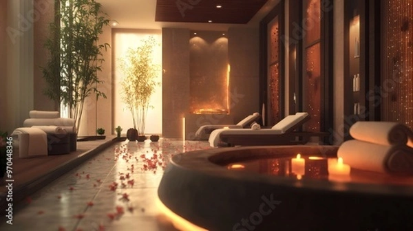 Obraz Relaxing spa interior with a jacuzzi, candles and towels.
