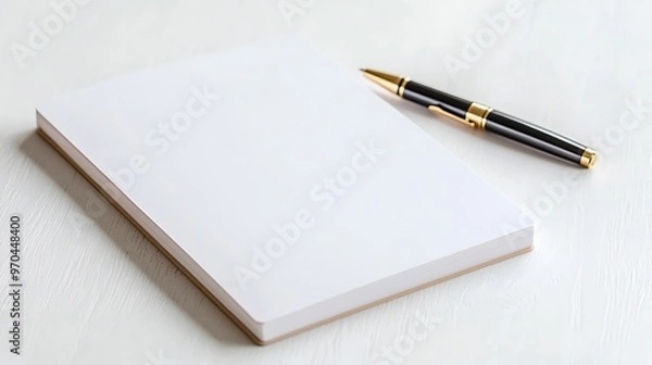 Fototapeta Blank page in a notebook with a pen, ready for writing a new chapter