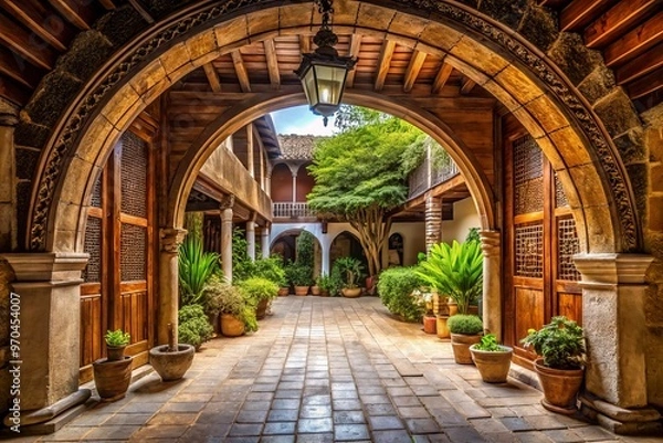 Fototapeta A weathered wooden archway, carved with intricate patterns, stood proudly at the entrance to a tranquil courtyard, beckoning visitors to wander through its calming surroundings.