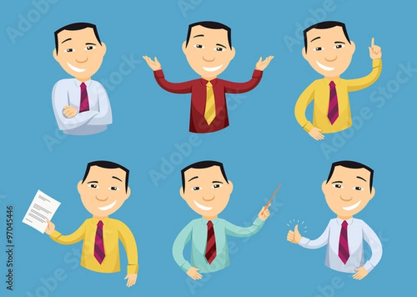 Obraz Set of funny caricatures businessman in various poses. Collection of various gestures. Manager. Approval document. Creativity. Staff training. Cartoon simple vector illustration.